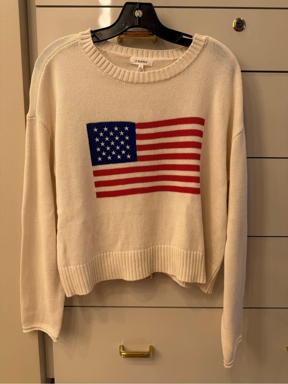 Z Supply Cream Crewneck Sweater with Americana Flag